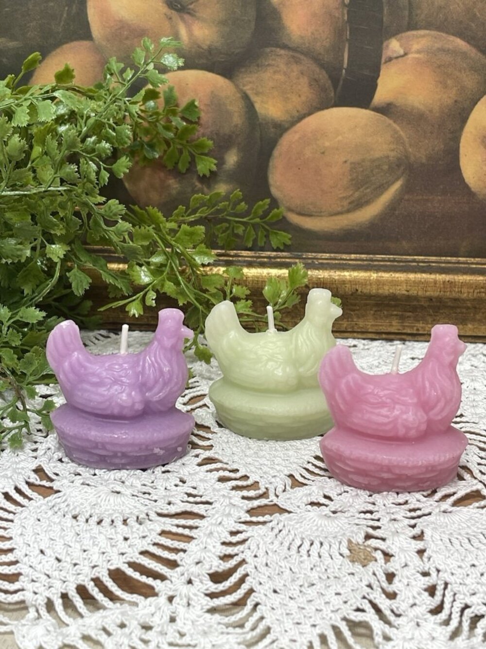 Chicken Hen On Nest Candle Set Of 3 Pink Green Purple 2 Inch